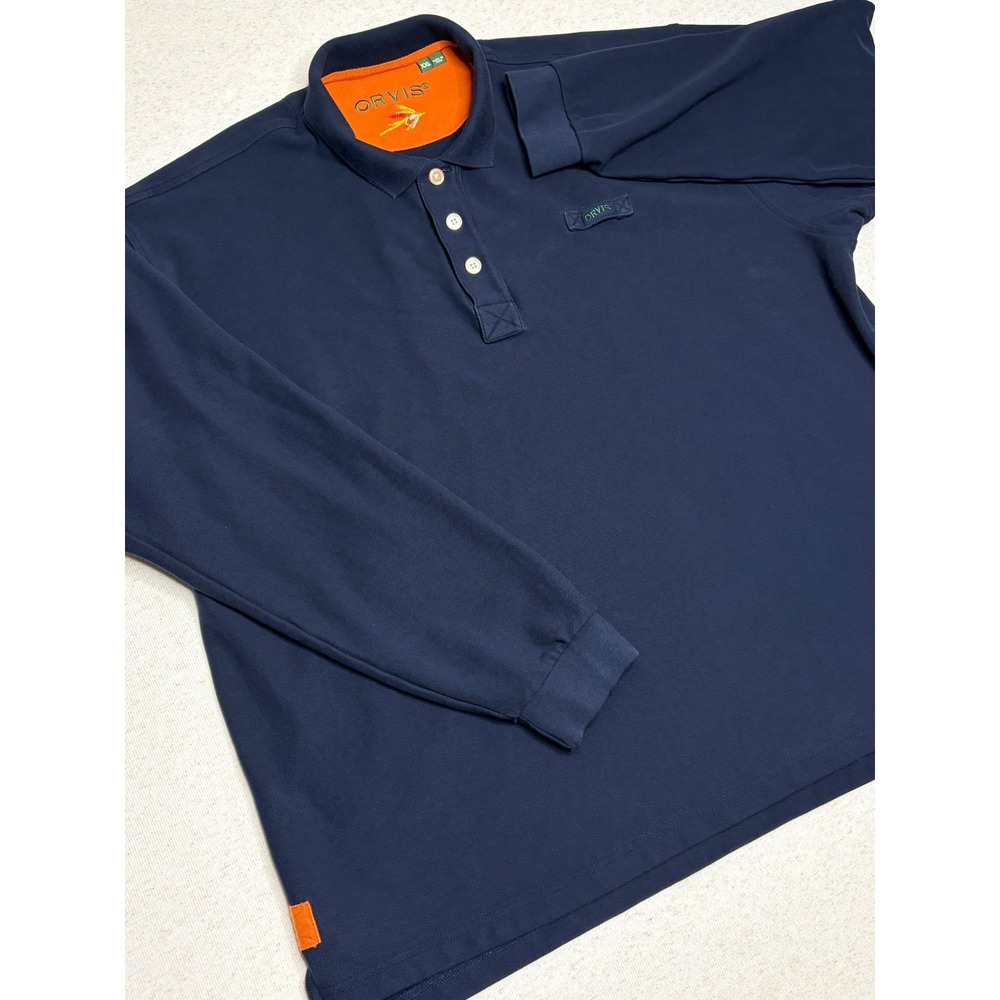 Orvis Mens XXL‎ Navy Blue Long Sleeve Pique Polo Shirt Cotton Fly Fishing 2JJJ - Picture 2 of 10